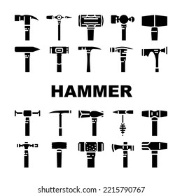 hammer tool construction icons set vector. carpentry wood, equipment work, metal repair, mallet carpenter court, hand hammer tool construction glyph pictogram Illustrations