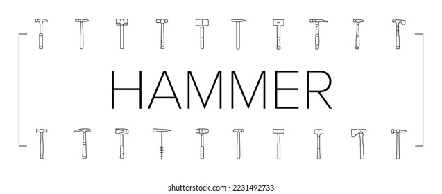 hammer tool construction icons set vector. carpentry wood, equipment work, metal repair, mallet carpenter court, hand steel hammer tool construction black contour illustrations