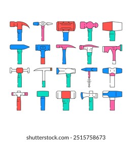 hammer tool construction icons set vector. carpentry wood, equipment work, metal repair, mallet carpenter court, hand hammer tool construction color Contour Illustrations