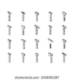 hammer tool construction isometric icons set. carpentry wood, equipment work, metal repair, mallet carpenter court, hand steel hammer tool construction color line