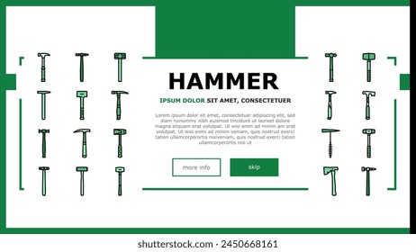 hammer tool construction landing web page vector. carpentry wood, equipment work, metal repair, mallet carpenter court, hand steel hammer tool construction Illustration