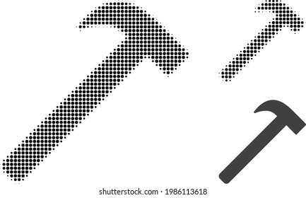 Hammer tool halftone dotted icon. Halftone pattern contains circle points. Vector illustration of hammer tool icon on a white background.