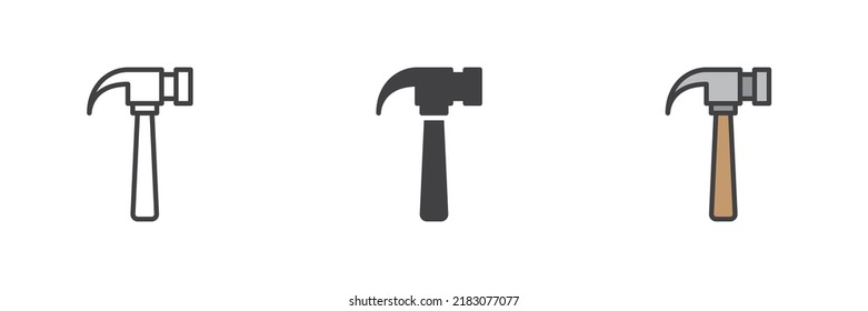Icono de herramienta de martillo. Línea, glifo y contorno relleno versión colorida, contorno y signo vectorial relleno. Símbolo, ilustración del logotipo. Conjunto de iconos de estilo diferente. Gráficos vectoriales
