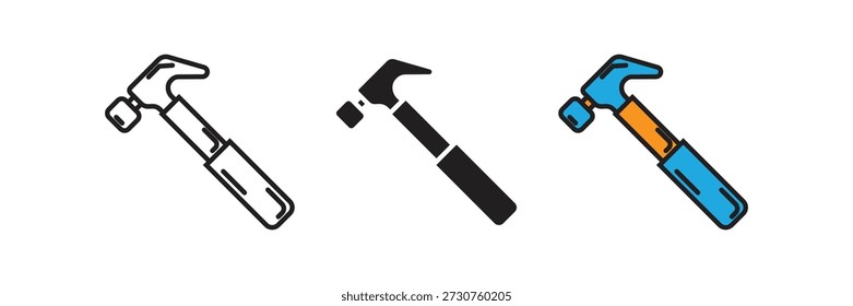 Hammer tool icons for carpentry, renovation, and repair works, featuring professional line art, solid black, and flat color vector illustrations.