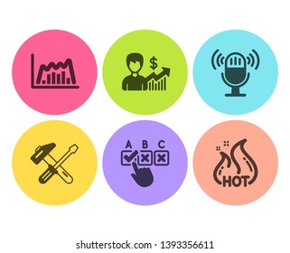 Hammer tool, Microphone and Infographic graph icons simple set. Business growth, Correct checkbox and Hot sale signs. Repair screwdriver, Mic. Flat hammer tool icon. Circle button. Vector