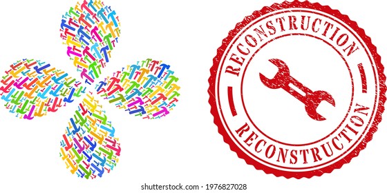 Hammer tool multicolored explosion flower shape, and red round RECONSTRUCTION unclean stamp. Hammer tool symbol inside round stamp print. Element burst composed from random hammer tool symbols.
