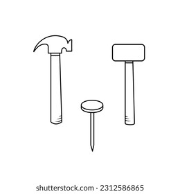 Hammer tool and nail hardware equipment vector icon illustration isolated on square white template. Simple flat vector icon minimalist industrial object drawing.