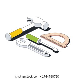 Martillo, regla de herramientas, destornillador y llave. Vector 3d línea isométrica, iconos de color web, nuevo estilo plano. Idea de diseño creativo para infografías.