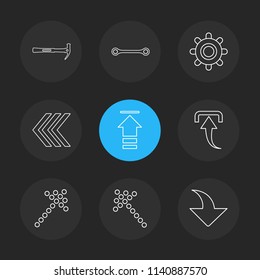 hammer  upload  back download  arrows  directions  left  right  pointer  download  upload  up  down  play  pause  foword  rewind  icon vector design  flat  collection style creative  icons