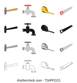 A hammer, a water tap on a construction site, a tape measure, a hacksaw. Construction and repair set collection icons in cartoon black monochrome outline style vector symbol stock illustration web.