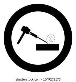 Hammer and wood carpentry  icon black color in circle