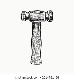 Hammer with wooden handle, gravure style hand drawn vector outline illustration