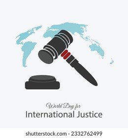 The hammer and world map represent the World Day of International Justice. Vector, illustration.