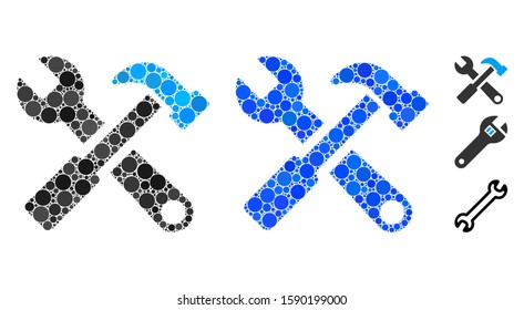 Hammer and wrench composition of circle elements in variable sizes and color tints, based on hammer and wrench icon. Vector circle elements are organized into blue composition.