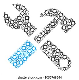 Hammer And Wrench composition of gears. Vector mechanical wheel symbols are combined into hammer and wrench pattern.