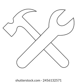 Hammer und Schraubenschlüssel durchgehende einzeilige Zeichnung der Umriss-Vektorillustration
