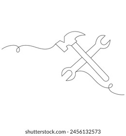 Hammer and wrench continuous one line drawing of outline vector illustration
