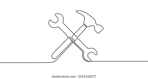 Martillo y llave inglesa. Dibujo continuo de una línea que simboliza la reparación y el mantenimiento en ingeniería.