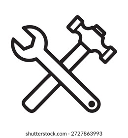 Ilustración vectorial de íconos cruzados de martillo y llave inglesa para servicios de construcción y reparación.