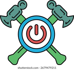 A hammer and a wrench are crossed over each other. The hammer is on the left and the wrench is on the right. The image is blue and green