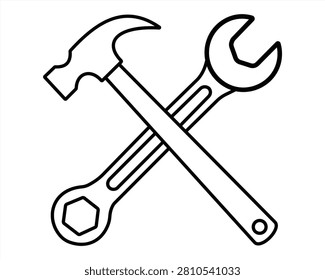 Hammer and wrench crossed as a simple line art construction icon for repair and maintenance projects