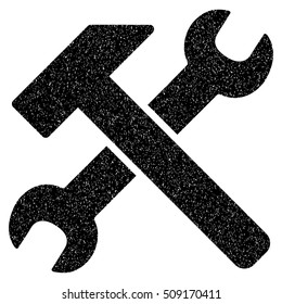 Hammer and Wrench grainy textured icon for overlay watermark stamps. Flat symbol with scratched texture. Dotted vector black ink rubber seal stamp with grunge design on a white background.