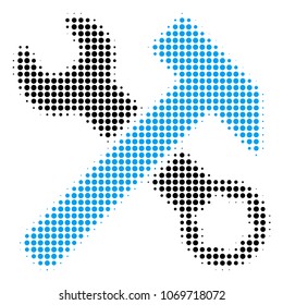 Hammer And Wrench halftone vector icon. Illustration style is dotted iconic Hammer And Wrench icon symbol on a white background. Halftone matrix is circle blots.