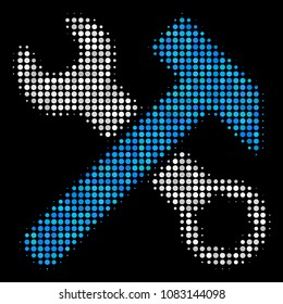 Hammer and wrench halftone vector icon. Illustration style is dot iconic hammer and wrench symbol on a black background. Halftone matrix is created from round blots.