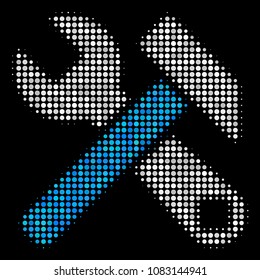 Hammer and wrench halftone vector icon. Illustration style is pixel iconic hammer and wrench symbol on a black background. Halftone matrix is created of circle cells.