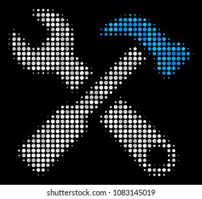 Hammer and wrench halftone vector icon. Illustration style is pixel iconic hammer and wrench symbol on a black background. Halftone texture is created from circle elements.