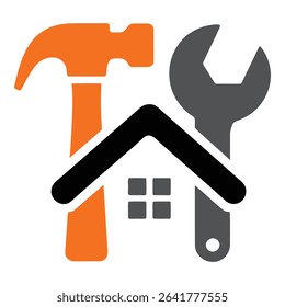 Hammer wrench and house roof create a home repair service logo