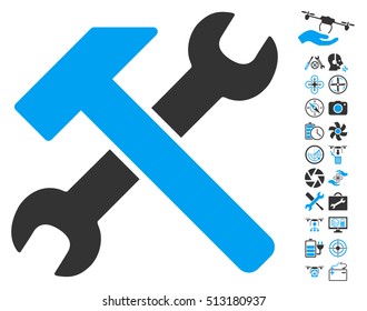 Hammer and Wrench icon with bonus flying drone tools images. Vector illustration style is flat iconic blue and gray symbols on white background.