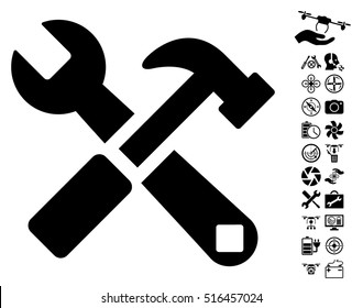 Hammer and Wrench icon with bonus quad copter service clip art. Vector illustration style is flat iconic symbols on white background.