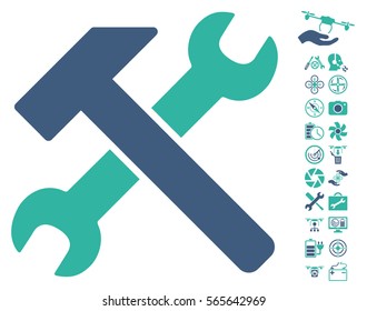 Hammer and Wrench icon with bonus quad copter service pictograph collection. Vector illustration style is flat iconic cobalt and cyan symbols on white background.
