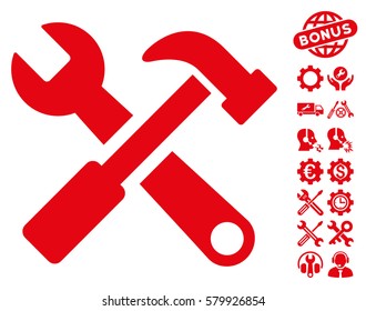Hammer and Wrench icon with bonus service graphic icons. Vector illustration style is flat iconic red symbols on white background.