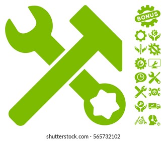 Hammer and Wrench icon with bonus settings icon set. Vector illustration style is flat iconic eco green symbols on white background.