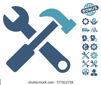 Hammer and Wrench icon with bonus settings graphic icons. Vector illustration style is flat iconic cyan and blue symbols on white background.