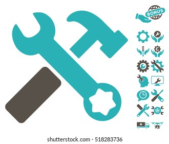Hammer and Wrench icon with bonus setup tools pictograms. Vector illustration style is flat iconic grey and cyan symbols on white background.