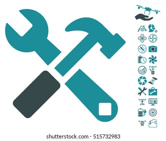 Hammer and Wrench icon with bonus uav service design elements. Vector illustration style is flat iconic symbols on white background.