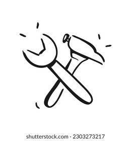 Hammer and wrench icon in doodle style on a white background. Vector EPS 10