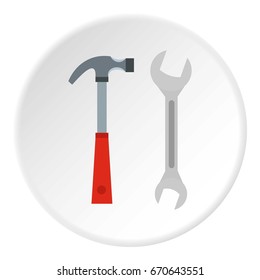Hammer and wrench icon in flat circle isolated vector illustration for web