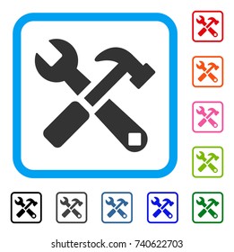 Hammer And Wrench icon. Flat grey iconic symbol in a light blue rounded square. Black, gray, green, blue, red, orange color variants of Hammer And Wrench vector. Designed for web and software UI.