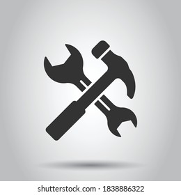 Hammer with wrench icon in flat style. Work instrument vector illustration on white isolated background. Repair equipment business concept.