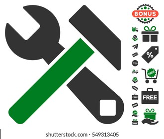 Hammer and Wrench icon with free bonus clip art. Vector illustration style is flat iconic symbols, green and gray colors, white background.