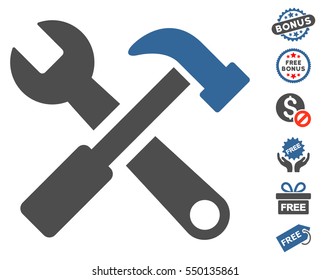 Hammer and Wrench icon with free bonus pictograph collection. Vector illustration style is flat iconic symbols, cobalt and gray colors, white background.