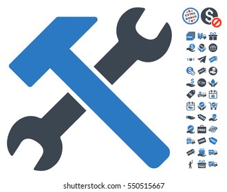 Hammer and Wrench icon with free bonus symbols. Vector illustration style is flat iconic symbols, smooth blue colors, white background.