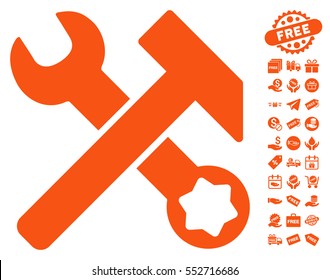 Hammer and Wrench icon with free bonus pictograms. Vector illustration style is flat iconic symbols, orange color, white background.