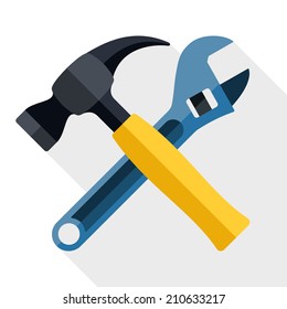 Hammer and wrench icon with long shadow on white background