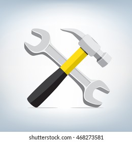 The hammer and wrench icon on light mesh background, settings symbol