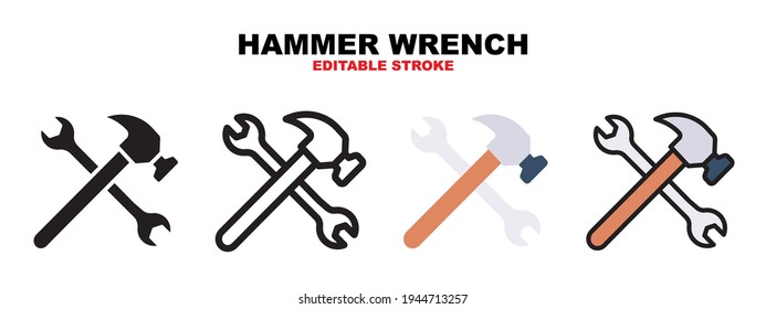 Hammer Wrench icon set with different styles. Icons designed in filled, outline, flat, glyph and line colored. Editable stroke and pixel perfect. Can be used for web, mobile, ui and more.